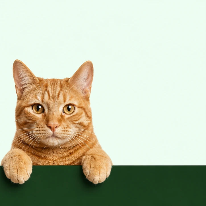 Orange tabby cat looking over a dark-green panel