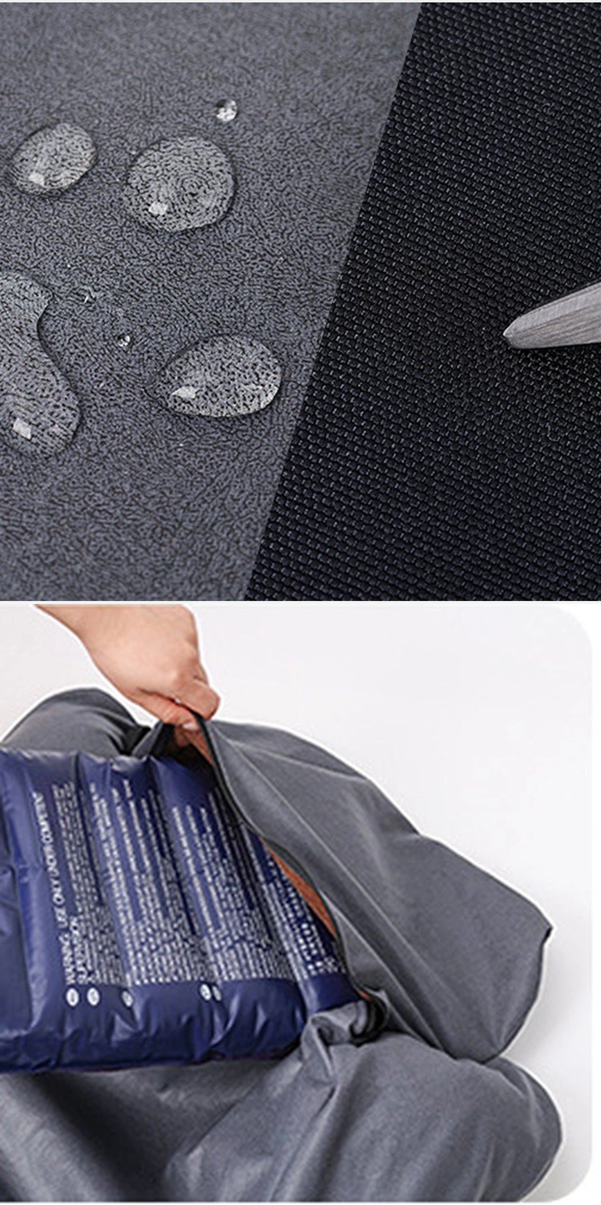 Water-resistant fabric and removable inflatable insert details
